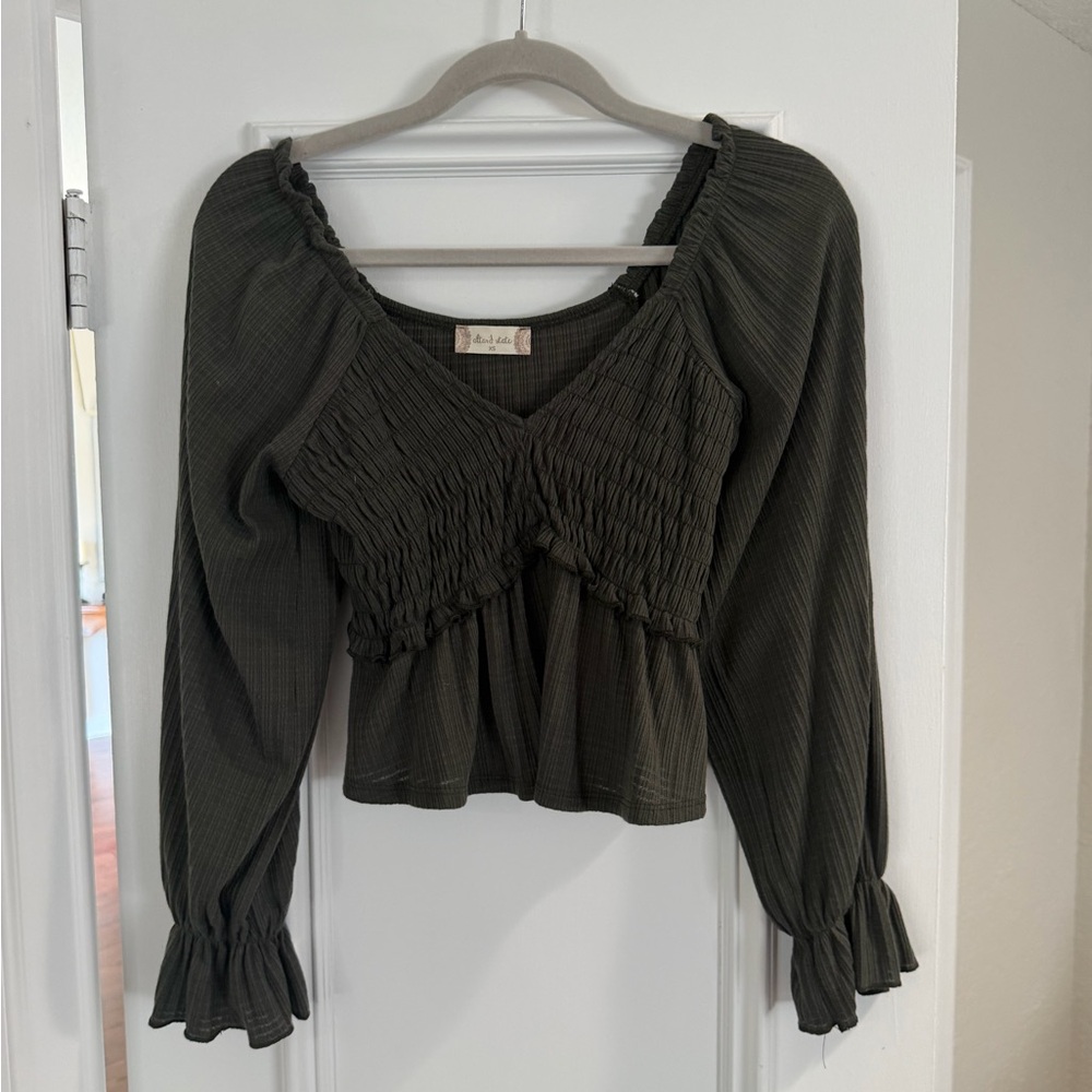 Altar'd State Dark Green Smocked Blouse